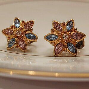 Vintage Avon Earrings - 80’s-90’s - Gold Tone Starburst Pink Blue Sparkle